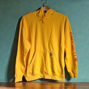Carhartt Hoodie Sweatshirt Men Sz XL Yellow Loose Fit Logo Pullover Spellout EUC